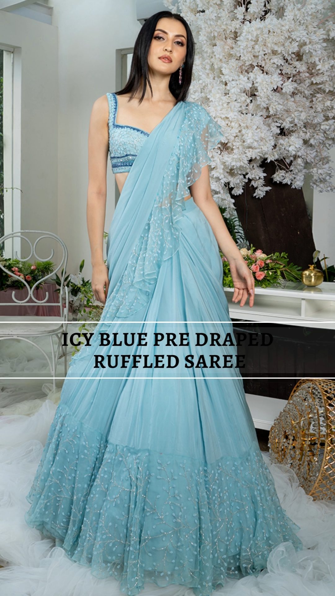 Icy Blue Pre Draped Ruffled Saree poster